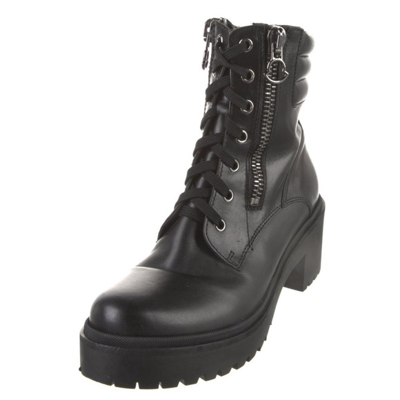 Authentic Moncler Black Leather Trim Lace Up Tie Combat Boots Ankle Bootie 36, 6 - Picture 1 of 5